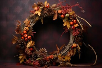 autumn wreath with berries, pinecones, and twigs