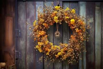 handcrafted autumn wreath hanging on a rustic door