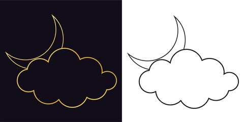 cloud and moon line art vector illustration on black and white background. gold metallic shiny glitter cloud and moon. moon icon. astrology, horoscope, sorcery, numerology, tarot, magic symbol of moon - obrazy, fototapety, plakaty