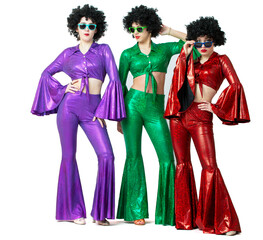 Disco style girls in colorful flared suits and African American wigs on a white background....