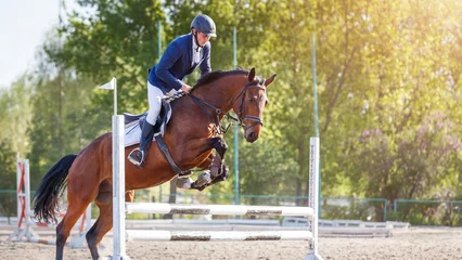 Foto op Canvas Young sportsman riding horse bounding over obstacle on showjumping competition © skumer