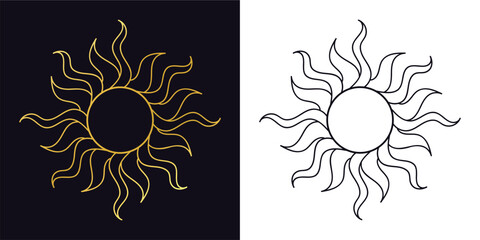 vector illustration of sun, line art sun, goldren metallic shiny glitter sun. numerology astrology palmistry tarot horoscope symbol. sun icon on black and white backgrounds
