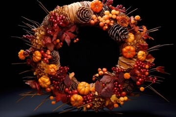 autumn wreath with acorns, pinecones, and berries