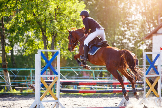 Young sportsman riding horse bounding over obstacle on showjumping competition