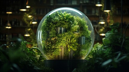 Craft an image of a glass globe nestled within a lush, vertical garden wall, symbolizing the integration of green energy into urban environments