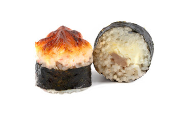 Sushi closeup isolated on white background. Sushi with seaweed nori baked.