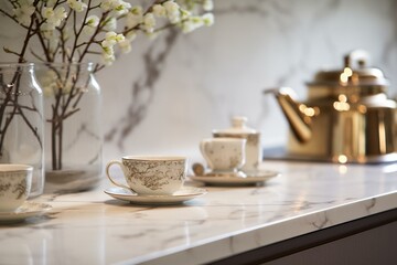 Closeup of custom kitchen with marble-like countertop, backsplash, cream kettle, porcelain accessories, and ceramic hob. Generative AI