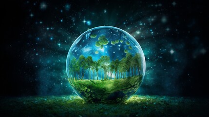 Craft an image of a glass globe framed against a starry night sky, with constellations forming renewable energy symbols, suggesting the boundless potential of green power