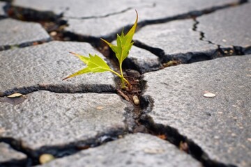 close-up of dandelion seedling emerging from pavement crack
