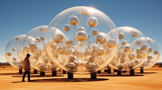 Craft an image of a glass globe surrounded by a circular array of solar mirrors, capturing the elegance of concentrated solar power