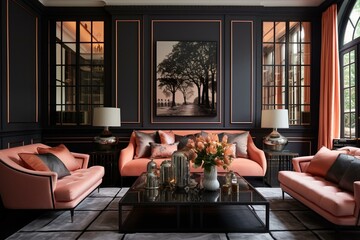 Elegant black and salmon eclectic living room with art deco aesthetic. Generative AI