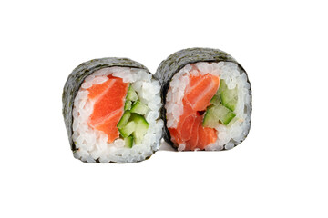 Sushi closeup isolated on white background. Sushi with nori seaweed, salmon rice and cucumber.