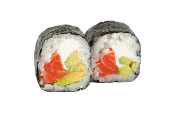 Sushi closeup isolated on white background. Sushi with seaweed nori, salmon rice and Philadelphia cheese.