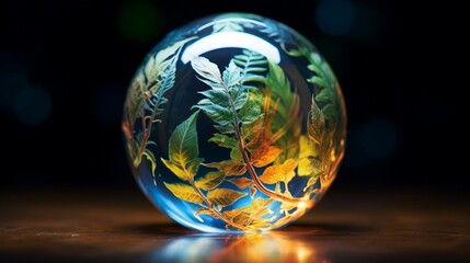 Craft an image of a glass globe with intricate, fractal-like patterns formed by swirling leaves and water droplets, symbolizing the natural origins of renewable energy