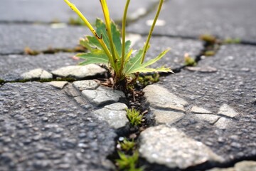close-up of dandelion seedlings breaking through pavement cracks