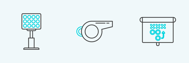 Set line Planning strategy concept, Bright stadium lights and Whistle icon. Vector