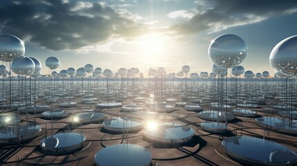 Craft an image of a glass globe surrounded by a circular array of solar mirrors, capturing the elegance of concentrated solar power