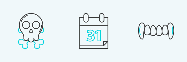 Set line Vampire teeth, Skull on crossbones and Calendar with Halloween date 31 october icon. Vector