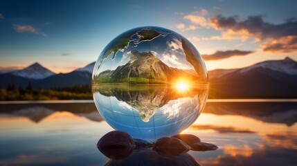 Create a breathtaking image of a crystal-clear glass globe reflecting a vibrant solar array at sunrise, showcasing the power of solar energy