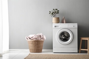 Modern washing machine and laundry basket near white wall indoors, space for text. Bathroom interior. generative ai. - obrazy, fototapety, plakaty