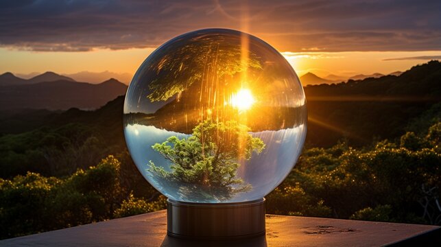 Create a breathtaking image of a crystal-clear glass globe reflecting a vibrant solar array at sunrise, showcasing the power of solar energy
