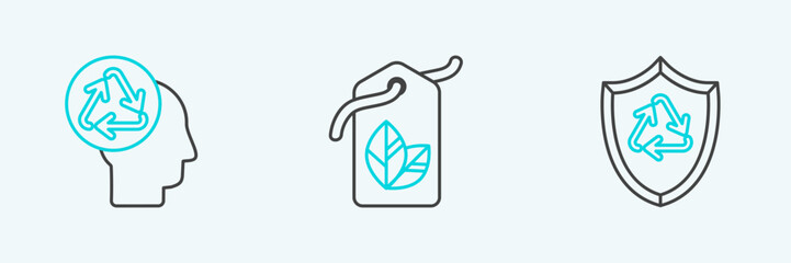 Set line Recycle symbol inside shield, Human head with recycle and Tag leaf icon. Vector