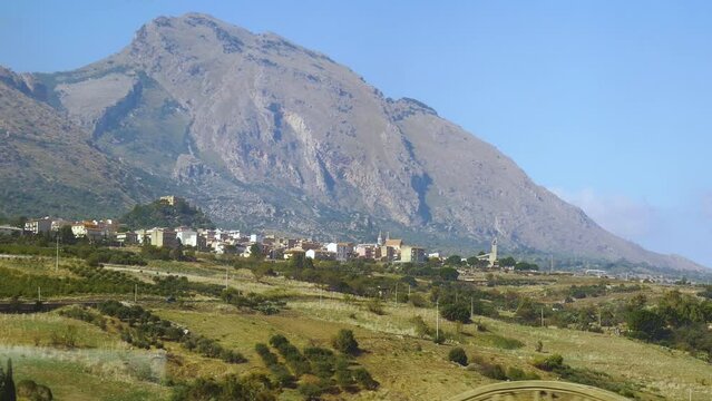 View on the Monte San Calogero and Sciara from the train Sicily Italy