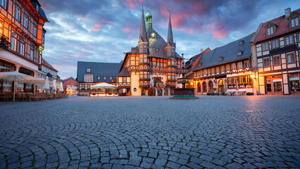 Wernigerode, Germany. Cityscape image of historical downtown of Wernigerode, Germany with Old Town...