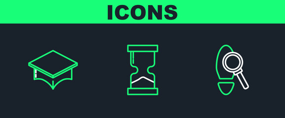 Set line Magnifying glass with footsteps, Graduation cap and Old hourglass icon. Vector