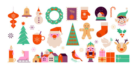 Merry Christmas cute modern minimalist style elements, illustrations collection. Santa, Christmas decorations, Christmas tree, Gift boxes and more