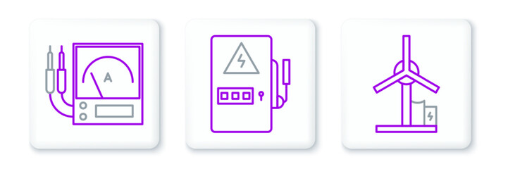 Set line Wind turbine, Ampere meter, multimeter, voltmeter and Electrical panel icon. Vector