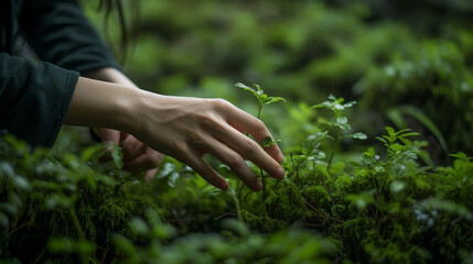 Naklejka na ściany i meble Planting a Green Garden - Hand Cultivating Lush Vegetation