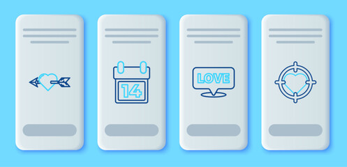 Set line Calendar with February 14, Speech bubble text love, Amour heart and arrow and Heart in the center of darts target aim icon. Vector
