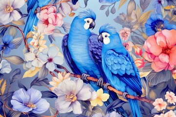 Vintage blue floral wallpaper illustration with exotic birds and flowers for fabric, packaging, mural, seamless background. Generative AI