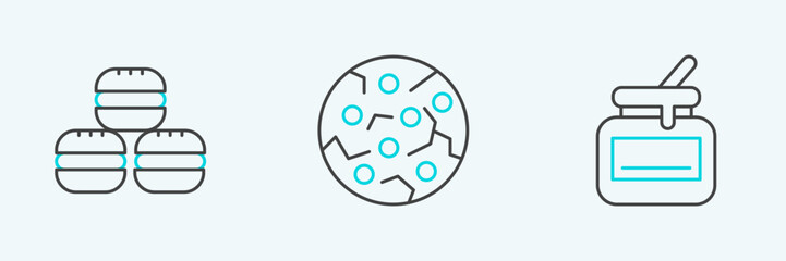 Set line Jar of honey, Macaron cookie and Cookie or biscuit icon. Vector