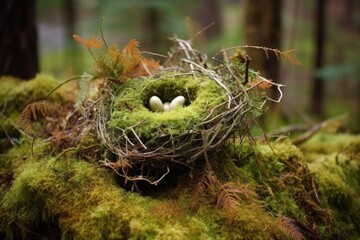 Obraz premium birds nest on a moss-covered forest floor