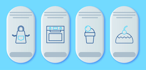 Set line Oven, Ice cream, Kitchen apron and Cake icon. Vector