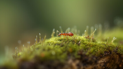 Macro Red Ant on Green Moss