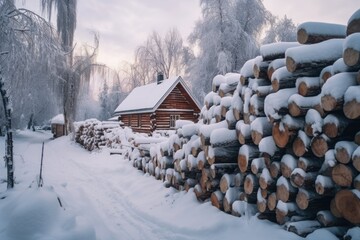 wood logs covered in snow during winter season
