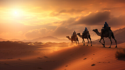 Camels Riding Through Desert at Sunset
