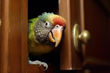 playful parrot chewing on wooden cabinet handle