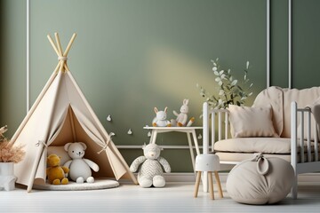 Genuine white nursery, showcasing a window and a comfortable cradle