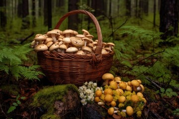 basket filled with freshly picked mushrooms on forest floor