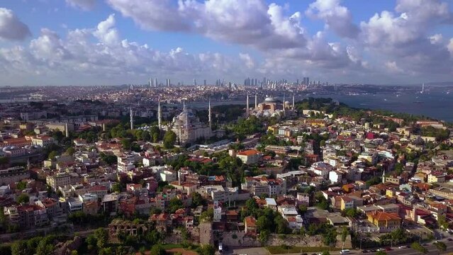 Aerial view of Blue Mosque in the old town at sunset Golden Horn Bosphorus Istanbul Turkey