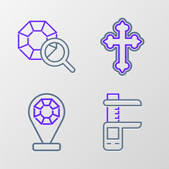 Set line Calliper or caliper and scale, Jewelry store, Christian cross and Gem stone icon. Vector