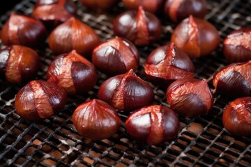 close-up of chestnuts on grill grate