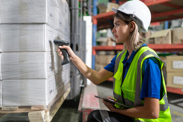 Distribution warehouse worker scanning bar code examining inventory in stock. Merchandise supervisor, logistic engineer working at storage room in storehouse for goods order and delivering management