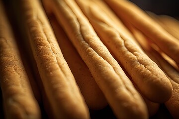 Homemade breadsticks, captured up close with a macro lens, highlighting their golden-brown crust and the fine texture of freshly baked dough. Generative AI