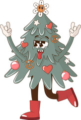 Vintage Hippie Retro Merry Christmas and Happy New Year Christmas tree character. Vector retro 70s style sticker, stamp or patch.