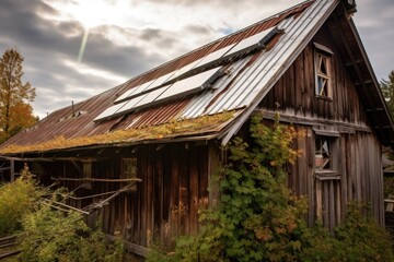 Fototapeta na wymiar close-up of solar panels on a rustic barn roof